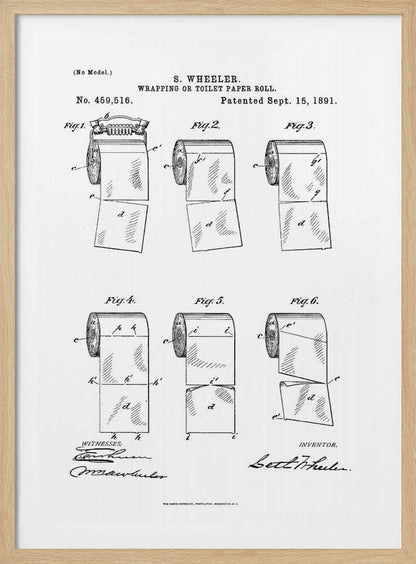 A framed black and white print of the 1891 U.S. patent for the wrapping or toilet paper roll by inventor S. Wheeler. The document features six technical illustrations of a perforated toilet paper roll, along with the patent number, date, and signatures. Poster