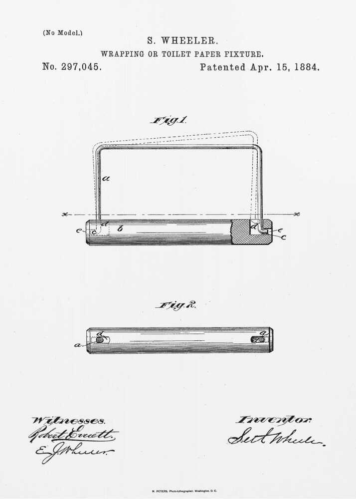 A framed black and white print of the 1884 patent for a 'Wrapping or Toilet Paper Fixture' by S. Wheeler. The document shows technical drawings (Fig. 1 and Fig. 2) of the invention, along with the patent number, date, and signatures of the inventor and witnesses. Artwork