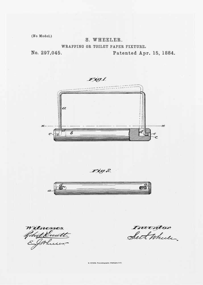 A framed black and white print of the 1884 patent for a 'Wrapping or Toilet Paper Fixture' by S. Wheeler. The document shows technical drawings (Fig. 1 and Fig. 2) of the invention, along with the patent number, date, and signatures of the inventor and witnesses. Artwork