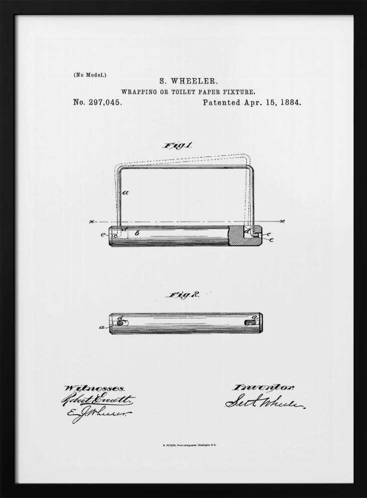 A framed black and white print of the 1884 patent for a 'Wrapping or Toilet Paper Fixture' by S. Wheeler. The document shows technical drawings (Fig. 1 and Fig. 2) of the invention, along with the patent number, date, and signatures of the inventor and witnesses. Artwork