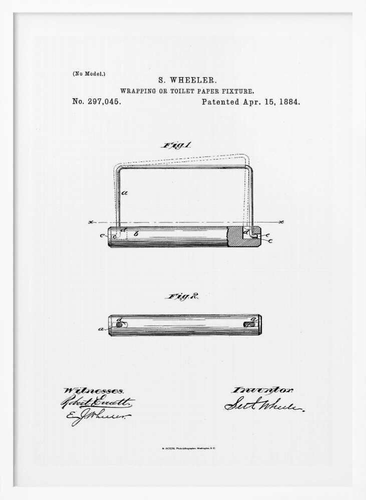 A framed black and white print of the 1884 patent for a 'Wrapping or Toilet Paper Fixture' by S. Wheeler. The document shows technical drawings (Fig. 1 and Fig. 2) of the invention, along with the patent number, date, and signatures of the inventor and witnesses. Artwork