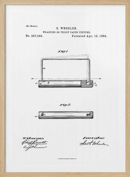 A framed black and white print of the 1884 patent for a 'Wrapping or Toilet Paper Fixture' by S. Wheeler. The document shows technical drawings (Fig. 1 and Fig. 2) of the invention, along with the patent number, date, and signatures of the inventor and witnesses. Artwork