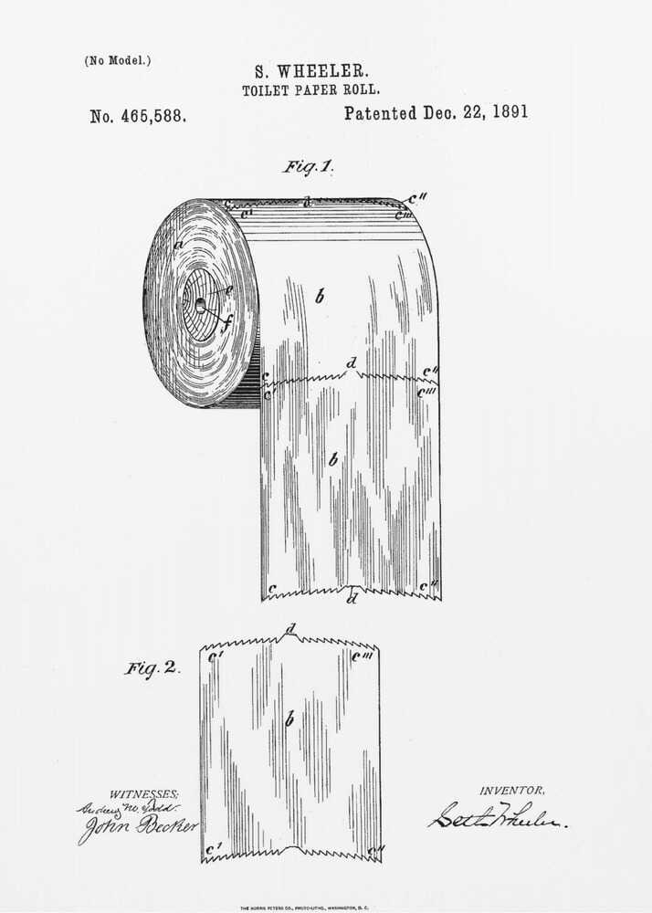 A framed black and white patent illustration for a toilet paper roll by S. Wheeler, dated December 22, 1891. The drawing includes two figures: Fig. 1 shows the full roll of paper, and Fig. 2 displays a single perforated sheet. The image has the characteristic look of a 19th-century patent document with technical drawings, labels, and signatures. Artwork