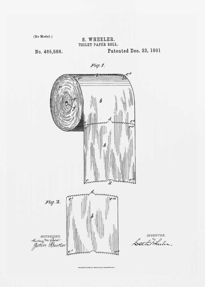 A framed black and white patent illustration for a toilet paper roll by S. Wheeler, dated December 22, 1891. The drawing includes two figures: Fig. 1 shows the full roll of paper, and Fig. 2 displays a single perforated sheet. The image has the characteristic look of a 19th-century patent document with technical drawings, labels, and signatures. Artwork