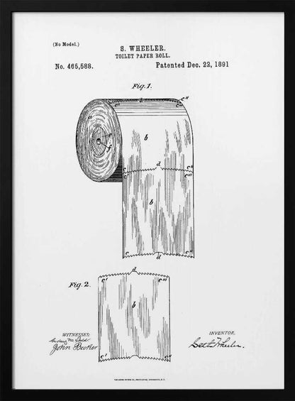 A framed black and white patent illustration for a toilet paper roll by S. Wheeler, dated December 22, 1891. The drawing includes two figures: Fig. 1 shows the full roll of paper, and Fig. 2 displays a single perforated sheet. The image has the characteristic look of a 19th-century patent document with technical drawings, labels, and signatures. Artwork