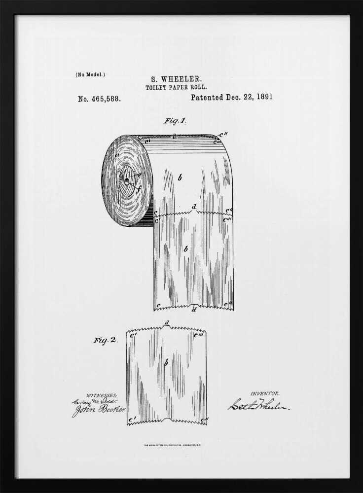 A framed black and white patent illustration for a toilet paper roll by S. Wheeler, dated December 22, 1891. The drawing includes two figures: Fig. 1 shows the full roll of paper, and Fig. 2 displays a single perforated sheet. The image has the characteristic look of a 19th-century patent document with technical drawings, labels, and signatures. Artwork