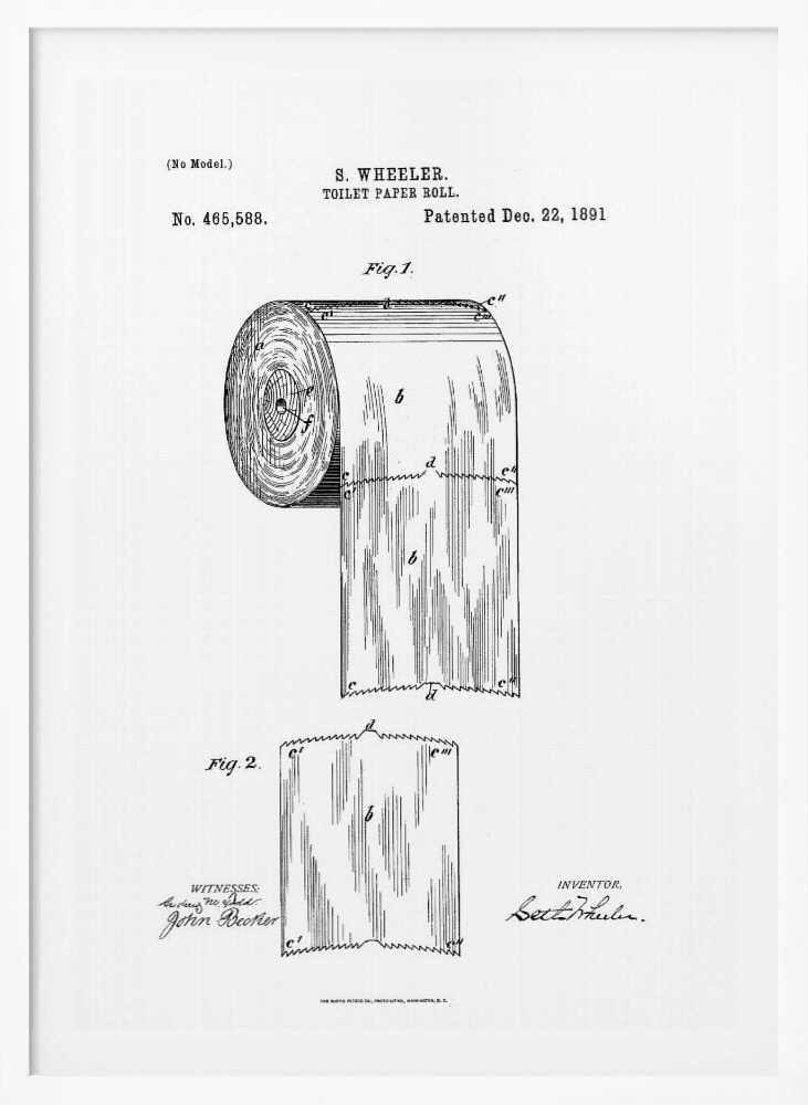 A framed black and white patent illustration for a toilet paper roll by S. Wheeler, dated December 22, 1891. The drawing includes two figures: Fig. 1 shows the full roll of paper, and Fig. 2 displays a single perforated sheet. The image has the characteristic look of a 19th-century patent document with technical drawings, labels, and signatures. Artwork