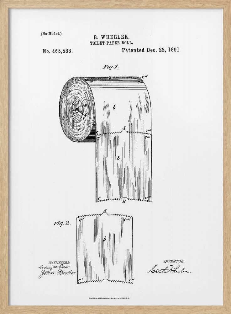 A framed black and white patent illustration for a toilet paper roll by S. Wheeler, dated December 22, 1891. The drawing includes two figures: Fig. 1 shows the full roll of paper, and Fig. 2 displays a single perforated sheet. The image has the characteristic look of a 19th-century patent document with technical drawings, labels, and signatures. Artwork