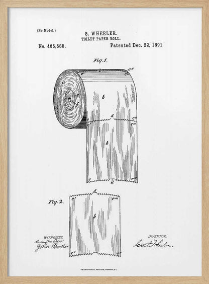 A framed black and white patent illustration for a toilet paper roll by S. Wheeler, dated December 22, 1891. The drawing includes two figures: Fig. 1 shows the full roll of paper, and Fig. 2 displays a single perforated sheet. The image has the characteristic look of a 19th-century patent document with technical drawings, labels, and signatures. Artwork