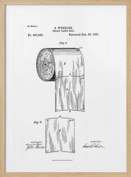 A framed black and white patent illustration for a toilet paper roll by S. Wheeler, dated December 22, 1891. The drawing includes two figures: Fig. 1 shows the full roll of paper, and Fig. 2 displays a single perforated sheet. The image has the characteristic look of a 19th-century patent document with technical drawings, labels, and signatures. Artwork