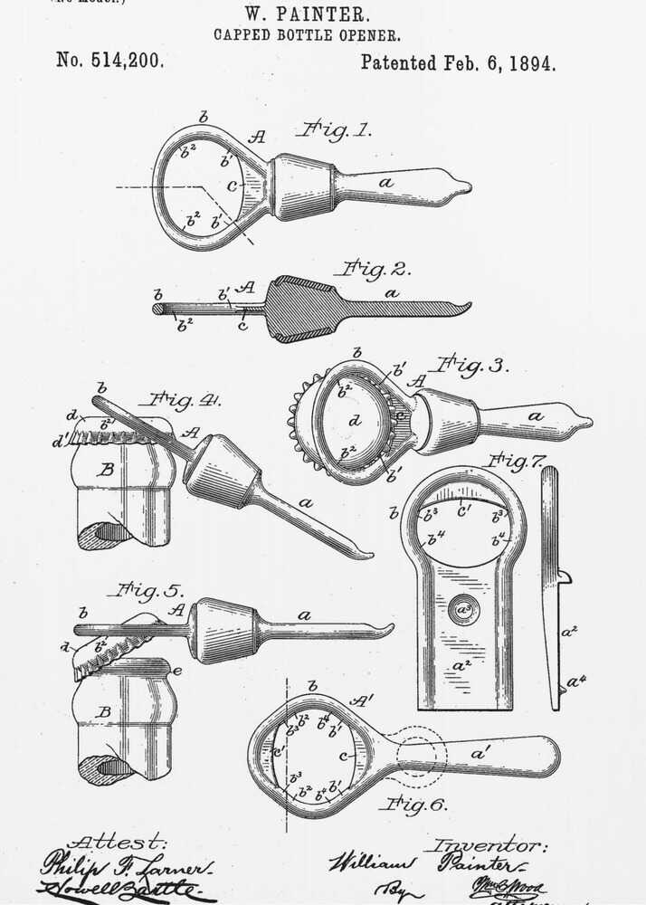 A framed black and white patent illustration for W. Painter's Capped Bottle Opener, dated February 6, 1894. The document shows multiple detailed figures of the invention from various angles and in use, with technical labels and signatures. Wall Art