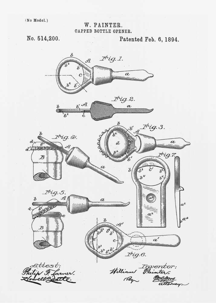 A framed black and white patent illustration for W. Painter's Capped Bottle Opener, dated February 6, 1894. The document shows multiple detailed figures of the invention from various angles and in use, with technical labels and signatures. Wall Art