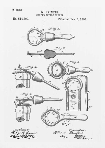 A framed black and white patent illustration for W. Painter's Capped Bottle Opener, dated February 6, 1894. The document shows multiple detailed figures of the invention from various angles and in use, with technical labels and signatures. Wall Art