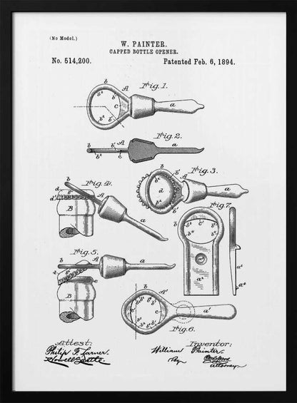 A framed black and white patent illustration for W. Painter's Capped Bottle Opener, dated February 6, 1894. The document shows multiple detailed figures of the invention from various angles and in use, with technical labels and signatures. Wall Art