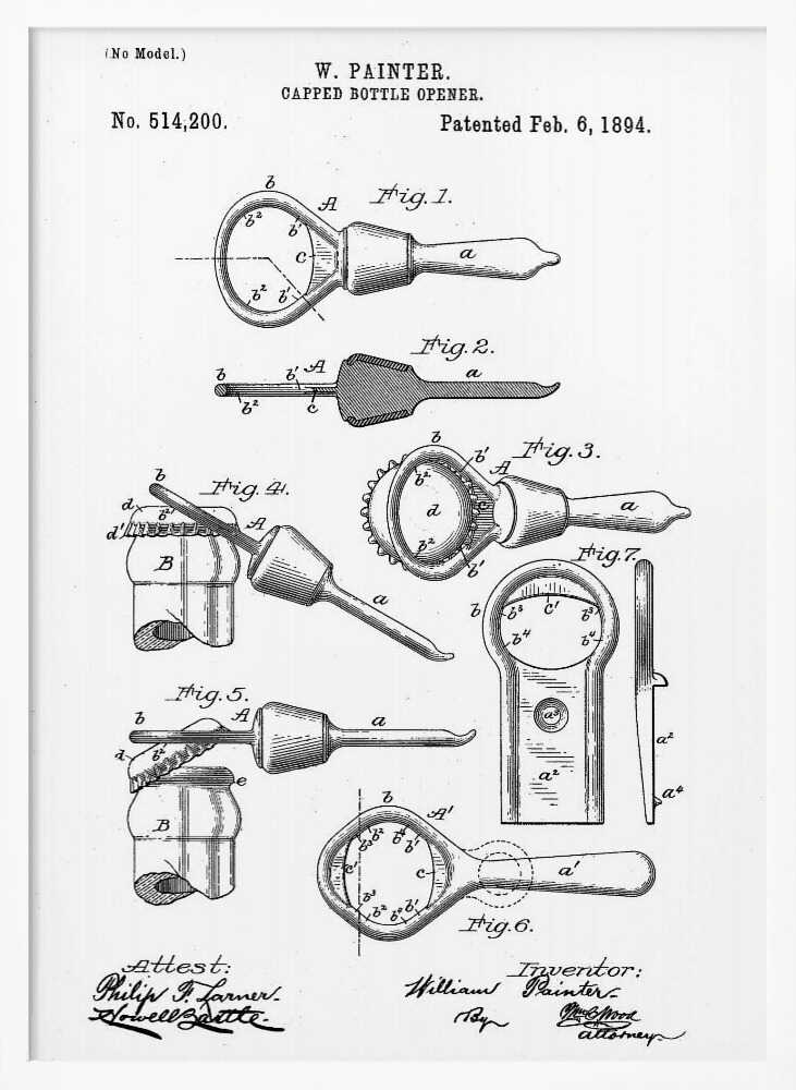 A framed black and white patent illustration for W. Painter's Capped Bottle Opener, dated February 6, 1894. The document shows multiple detailed figures of the invention from various angles and in use, with technical labels and signatures. Wall Art