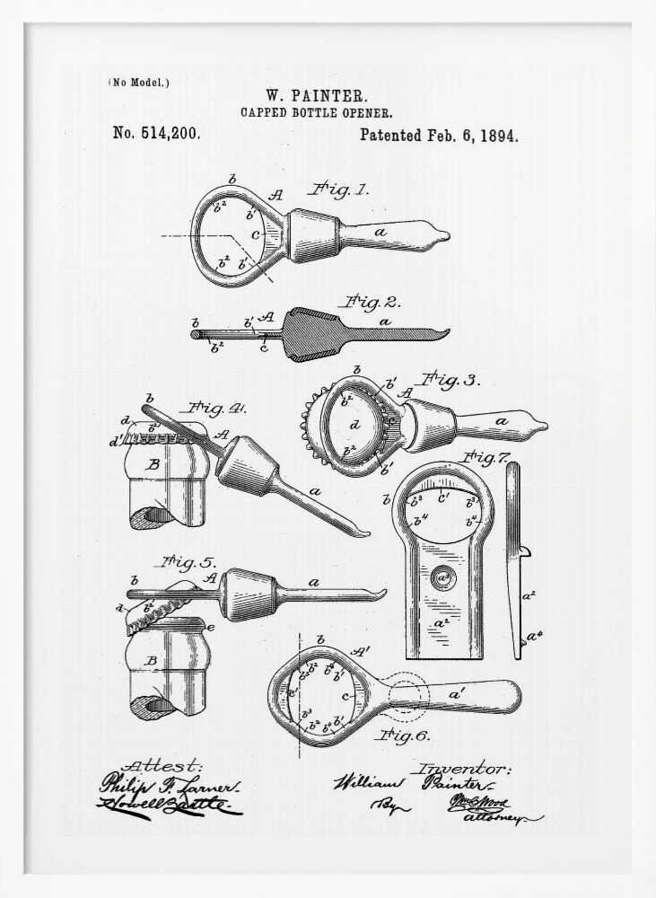 A framed black and white patent illustration for W. Painter's Capped Bottle Opener, dated February 6, 1894. The document shows multiple detailed figures of the invention from various angles and in use, with technical labels and signatures. Wall Art
