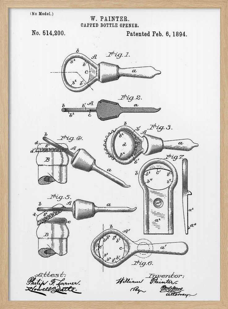 A framed black and white patent illustration for W. Painter's Capped Bottle Opener, dated February 6, 1894. The document shows multiple detailed figures of the invention from various angles and in use, with technical labels and signatures. Wall Art