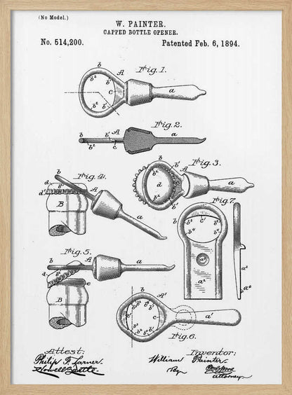 A framed black and white patent illustration for W. Painter's Capped Bottle Opener, dated February 6, 1894. The document shows multiple detailed figures of the invention from various angles and in use, with technical labels and signatures. Wall Art