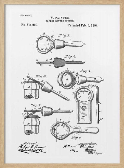 A framed black and white patent illustration for W. Painter's Capped Bottle Opener, dated February 6, 1894. The document shows multiple detailed figures of the invention from various angles and in use, with technical labels and signatures. Wall Art