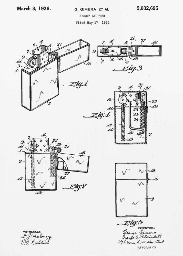 A framed black and white patent illustration for a pocket lighter, invented by G. Gimera et al. The document is dated March 3, 1936, and shows multiple detailed diagrams and cross-sections of the lighter's design and mechanics. Print