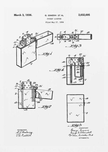 A framed black and white patent illustration for a pocket lighter, invented by G. Gimera et al. The document is dated March 3, 1936, and shows multiple detailed diagrams and cross-sections of the lighter's design and mechanics. Print