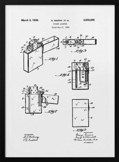 A framed black and white patent illustration for a pocket lighter, invented by G. Gimera et al. The document is dated March 3, 1936, and shows multiple detailed diagrams and cross-sections of the lighter's design and mechanics. Print