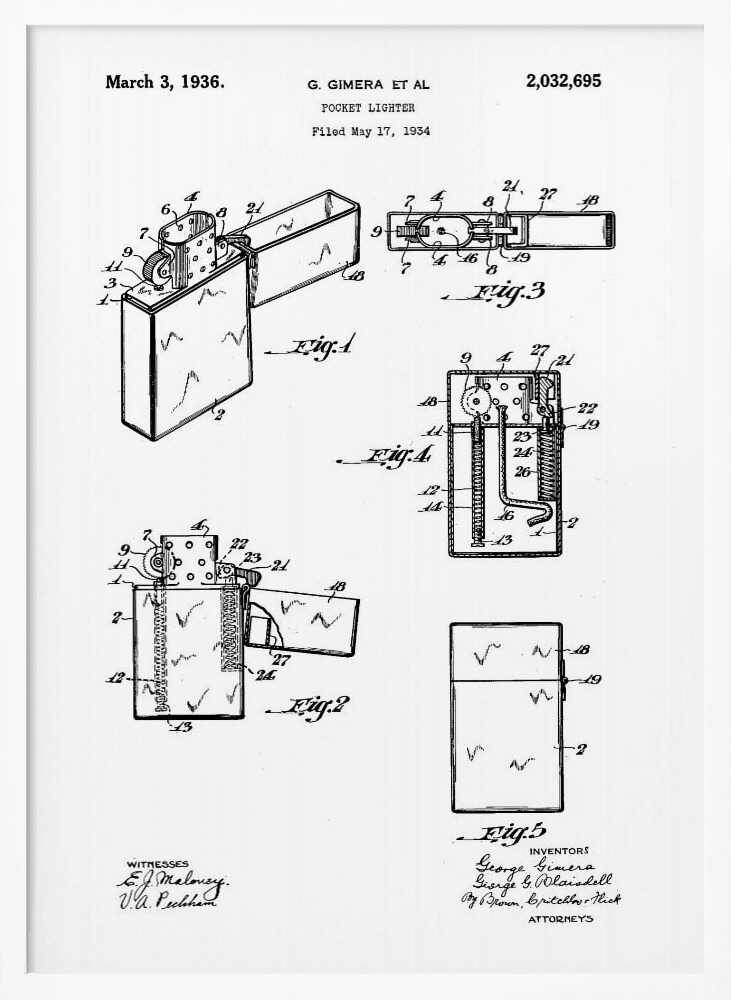 A framed black and white patent illustration for a pocket lighter, invented by G. Gimera et al. The document is dated March 3, 1936, and shows multiple detailed diagrams and cross-sections of the lighter's design and mechanics. Print