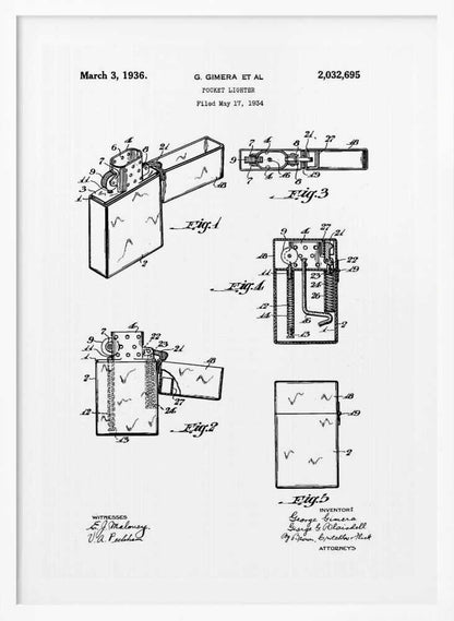 A framed black and white patent illustration for a pocket lighter, invented by G. Gimera et al. The document is dated March 3, 1936, and shows multiple detailed diagrams and cross-sections of the lighter's design and mechanics. Print