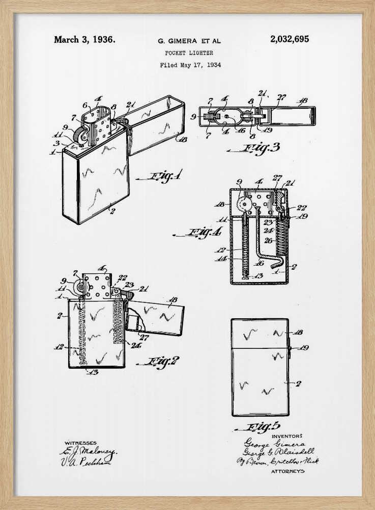 A framed black and white patent illustration for a pocket lighter, invented by G. Gimera et al. The document is dated March 3, 1936, and shows multiple detailed diagrams and cross-sections of the lighter's design and mechanics. Print