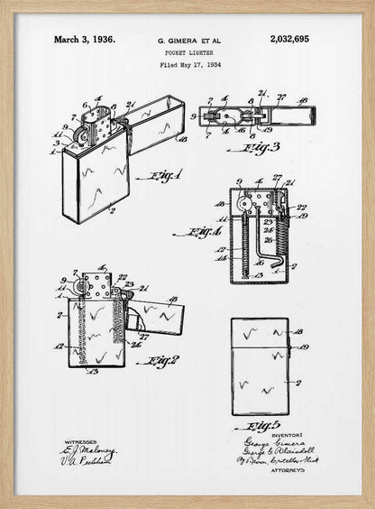 A framed black and white patent illustration for a pocket lighter, invented by G. Gimera et al. The document is dated March 3, 1936, and shows multiple detailed diagrams and cross-sections of the lighter's design and mechanics. Print