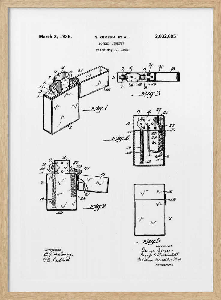 A framed black and white patent illustration for a pocket lighter, invented by G. Gimera et al. The document is dated March 3, 1936, and shows multiple detailed diagrams and cross-sections of the lighter's design and mechanics. Print
