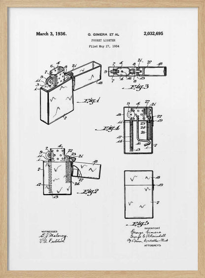A framed black and white patent illustration for a pocket lighter, invented by G. Gimera et al. The document is dated March 3, 1936, and shows multiple detailed diagrams and cross-sections of the lighter's design and mechanics. Print