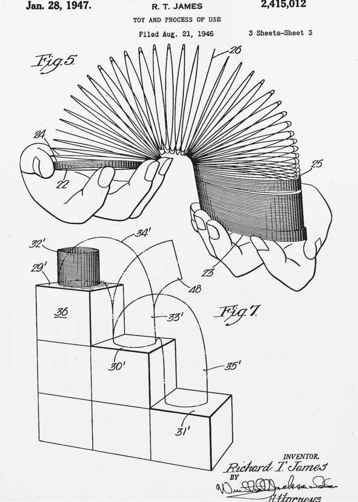 A black and white patent illustration for the Slinky toy, dated January 28, 1947. The drawing shows two figures: Fig. 5 depicts two hands stretching the coiled spring toy, and Fig. 7 illustrates the toy's movement down a set of blocks. Artwork