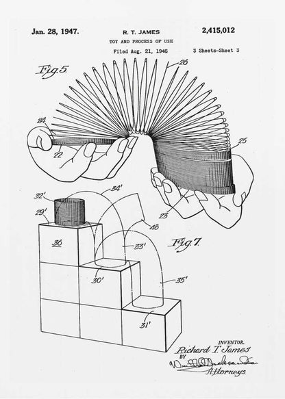 A black and white patent illustration for the Slinky toy, dated January 28, 1947. The drawing shows two figures: Fig. 5 depicts two hands stretching the coiled spring toy, and Fig. 7 illustrates the toy's movement down a set of blocks. Artwork