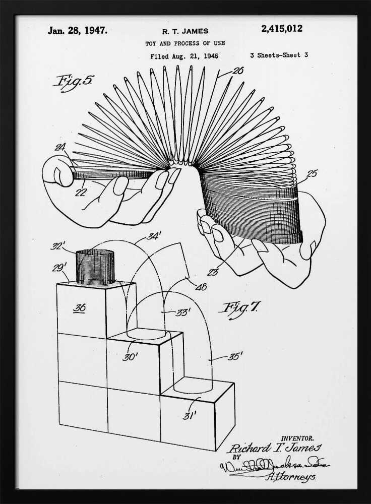 A black and white patent illustration for the Slinky toy, dated January 28, 1947. The drawing shows two figures: Fig. 5 depicts two hands stretching the coiled spring toy, and Fig. 7 illustrates the toy's movement down a set of blocks. Artwork