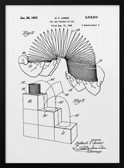 A black and white patent illustration for the Slinky toy, dated January 28, 1947. The drawing shows two figures: Fig. 5 depicts two hands stretching the coiled spring toy, and Fig. 7 illustrates the toy's movement down a set of blocks. Artwork