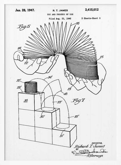 A black and white patent illustration for the Slinky toy, dated January 28, 1947. The drawing shows two figures: Fig. 5 depicts two hands stretching the coiled spring toy, and Fig. 7 illustrates the toy's movement down a set of blocks. Artwork