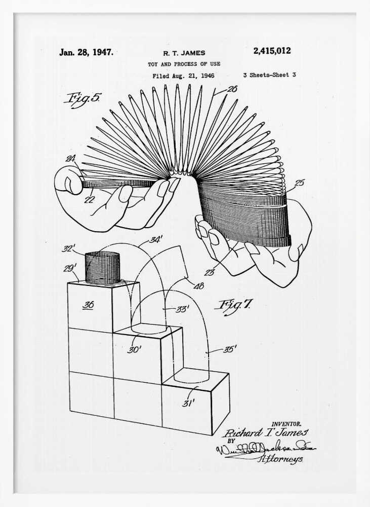 A black and white patent illustration for the Slinky toy, dated January 28, 1947. The drawing shows two figures: Fig. 5 depicts two hands stretching the coiled spring toy, and Fig. 7 illustrates the toy's movement down a set of blocks. Artwork