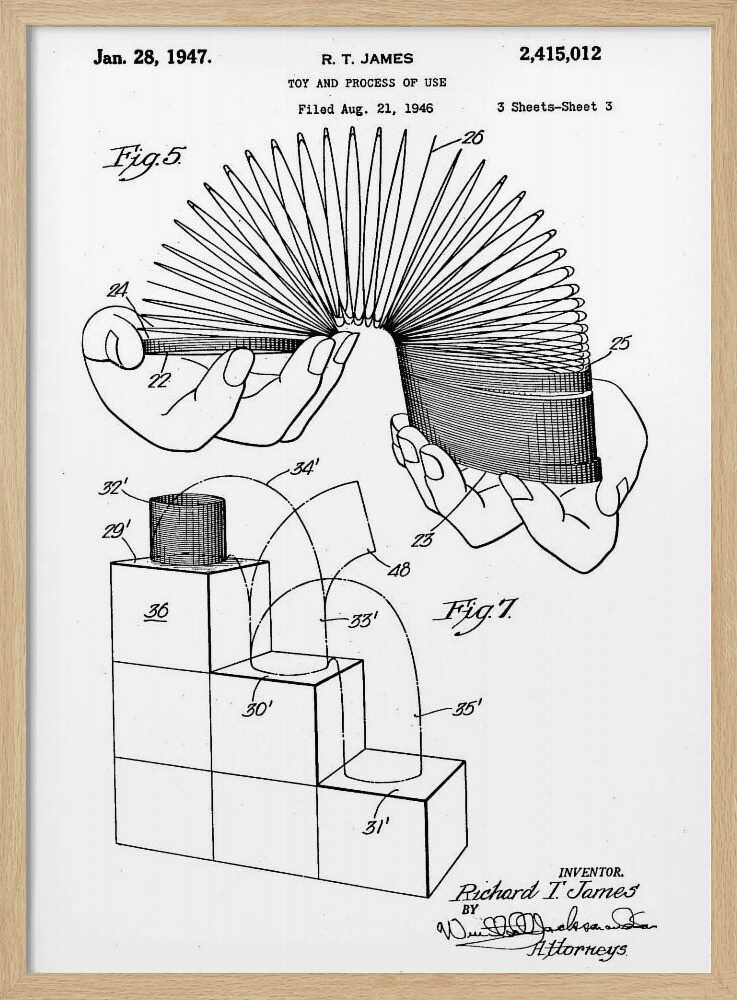 A black and white patent illustration for the Slinky toy, dated January 28, 1947. The drawing shows two figures: Fig. 5 depicts two hands stretching the coiled spring toy, and Fig. 7 illustrates the toy's movement down a set of blocks. Artwork
