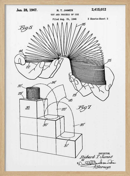 A black and white patent illustration for the Slinky toy, dated January 28, 1947. The drawing shows two figures: Fig. 5 depicts two hands stretching the coiled spring toy, and Fig. 7 illustrates the toy's movement down a set of blocks. Artwork