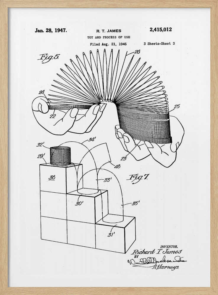 A black and white patent illustration for the Slinky toy, dated January 28, 1947. The drawing shows two figures: Fig. 5 depicts two hands stretching the coiled spring toy, and Fig. 7 illustrates the toy's movement down a set of blocks. Artwork