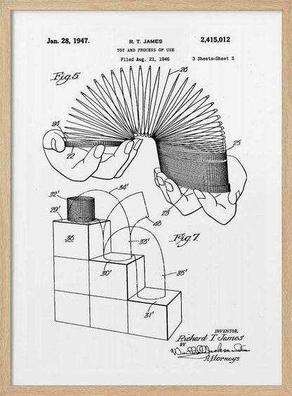 A black and white patent illustration for the Slinky toy, dated January 28, 1947. The drawing shows two figures: Fig. 5 depicts two hands stretching the coiled spring toy, and Fig. 7 illustrates the toy's movement down a set of blocks. Artwork