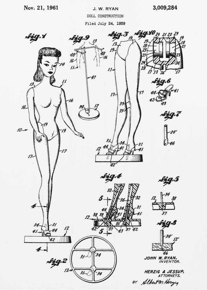 A framed black and white patent illustration for the original Barbie doll, dated November 21, 1961. The diagram, titled 'Doll Construction' by J. W. Ryan, shows various figures including a full view of the doll, cross-sections of its joints, and detailed drawings of its stand and shoes. Print