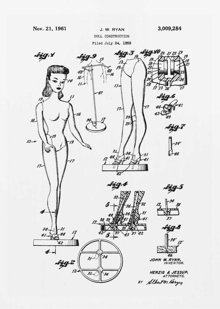 A framed black and white patent illustration for the original Barbie doll, dated November 21, 1961. The diagram, titled 'Doll Construction' by J. W. Ryan, shows various figures including a full view of the doll, cross-sections of its joints, and detailed drawings of its stand and shoes. Print
