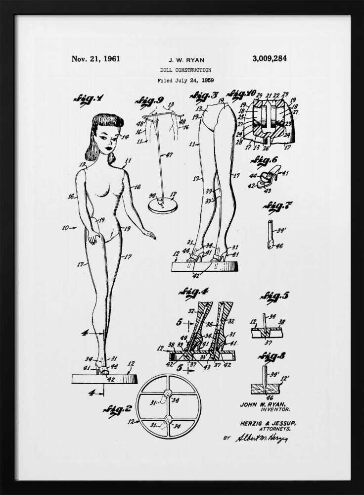 A framed black and white patent illustration for the original Barbie doll, dated November 21, 1961. The diagram, titled 'Doll Construction' by J. W. Ryan, shows various figures including a full view of the doll, cross-sections of its joints, and detailed drawings of its stand and shoes. Print