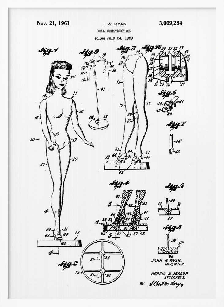 A framed black and white patent illustration for the original Barbie doll, dated November 21, 1961. The diagram, titled 'Doll Construction' by J. W. Ryan, shows various figures including a full view of the doll, cross-sections of its joints, and detailed drawings of its stand and shoes. Print