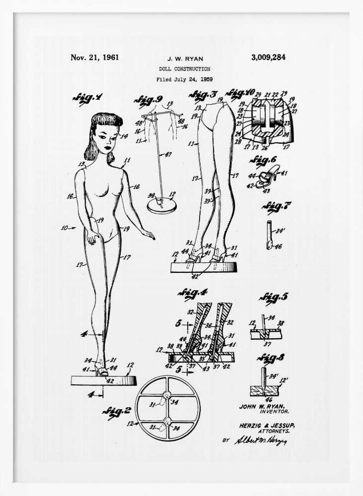 A framed black and white patent illustration for the original Barbie doll, dated November 21, 1961. The diagram, titled 'Doll Construction' by J. W. Ryan, shows various figures including a full view of the doll, cross-sections of its joints, and detailed drawings of its stand and shoes. Print