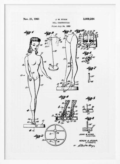 A framed black and white patent illustration for the original Barbie doll, dated November 21, 1961. The diagram, titled 'Doll Construction' by J. W. Ryan, shows various figures including a full view of the doll, cross-sections of its joints, and detailed drawings of its stand and shoes. Print
