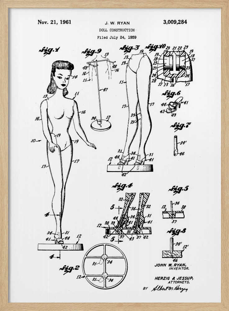 A framed black and white patent illustration for the original Barbie doll, dated November 21, 1961. The diagram, titled 'Doll Construction' by J. W. Ryan, shows various figures including a full view of the doll, cross-sections of its joints, and detailed drawings of its stand and shoes. Print