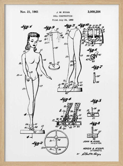 A framed black and white patent illustration for the original Barbie doll, dated November 21, 1961. The diagram, titled 'Doll Construction' by J. W. Ryan, shows various figures including a full view of the doll, cross-sections of its joints, and detailed drawings of its stand and shoes. Print